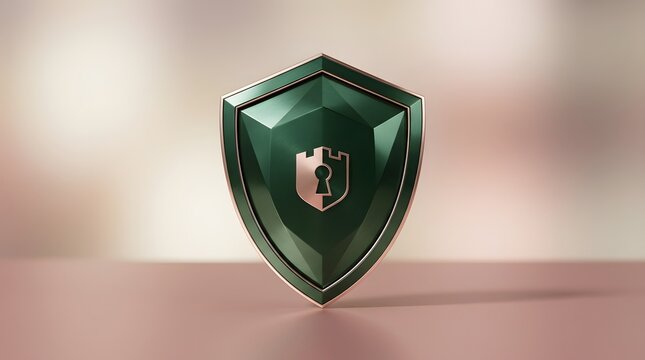 A shiny green metallic shield with a silver emblem standing on a smooth surface against blurred background