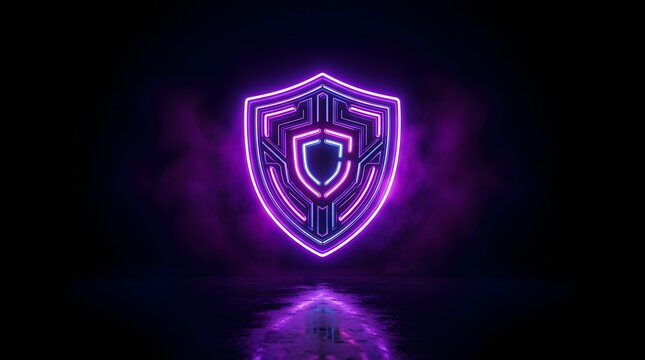Abstract glowing purple neon shield icon representing digital security and cyber protection on a dark background