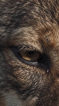 Extreme macro close-up of a wild wolf eye blinking, vertical, ai generated