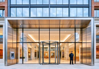 Obraz premium Modern glass facade and revolving door entrance of a corporate building with uniformed security guard