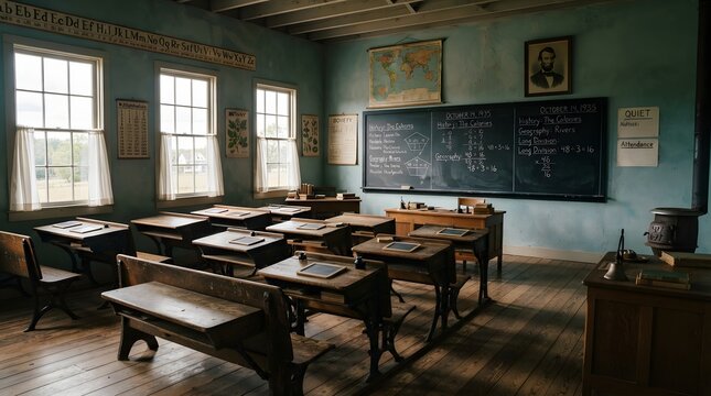 Historical oneroom schoolhouse interior with wooden desks and chalkboard