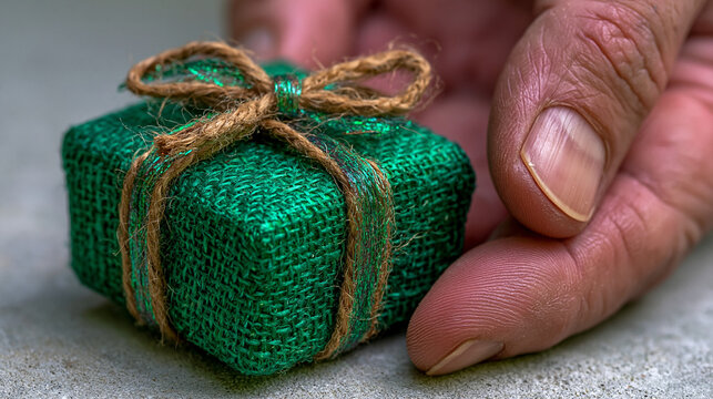 Small green gift box wrapped with rustic twine held in hand surprise celebration