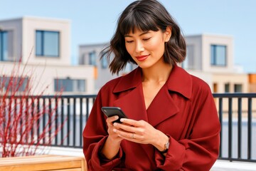 Fototapeta premium Young Asian woman in red coat texting on smartphone while standing on a sunny urban rooftop