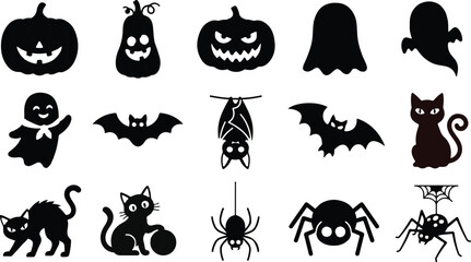 Obraz premium Set of black halloween icons with pumpkins ghosts bats cats and spiders in flat graphic style