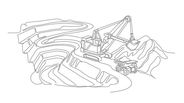 Continuous line drawing of an industrial mining excavator loading a dump truck in an open pit mine.