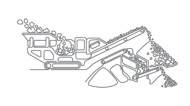 Continuous line drawing of a heavy industrial rock crushing machine processing stone.