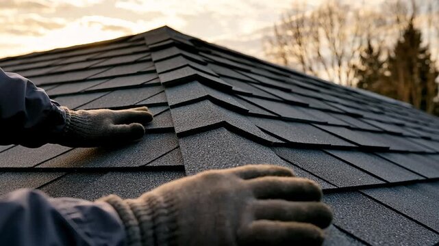 Roofer worker hands installing black asphalt shingles on residential roof structure