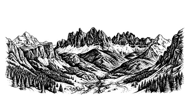 Vintage mountain range vector illustration in stippling engraving style with halftone texture and detailed black and white landscape isolated on white background