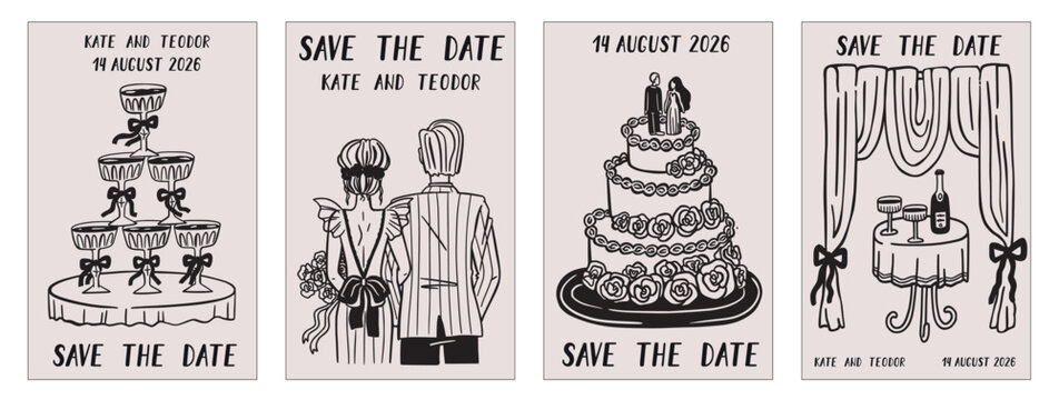 Wine in hand. Cocktail drink party, hand drawn hold champagne glass. Vintage toast sketch, man with woman and alcohol. Wedding posters. Hand drawn templates. Vector save the date cards set