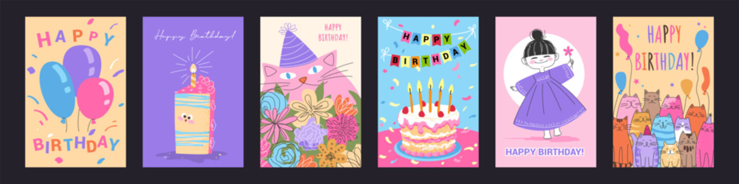 Birthday card. Happy celebrate cake, retro gift party poster or birthday invitation tag. Candy birth invitation. Colorful hand drawn balloons, festive cakes, flowers and cats. Vector poster