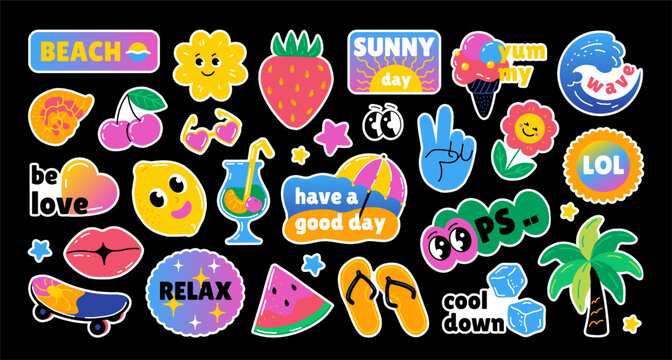 Fun summer shapes. Retro smile sticker, happy Y2K face emoji for cool doodle modern label. Funny characters playful seasonal graphic icons elements. Vector graphic cartoon flat set