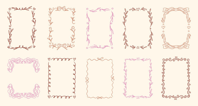 Wedding border. Hand drawn line ornament, simple cute decor for love card or classic celebration layout. Elegant elements for invitations. Decorative hand drawn frame set. Vector collection