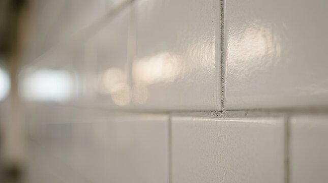 Close-up of a white subway tile wall background with blurred bokeh lights.