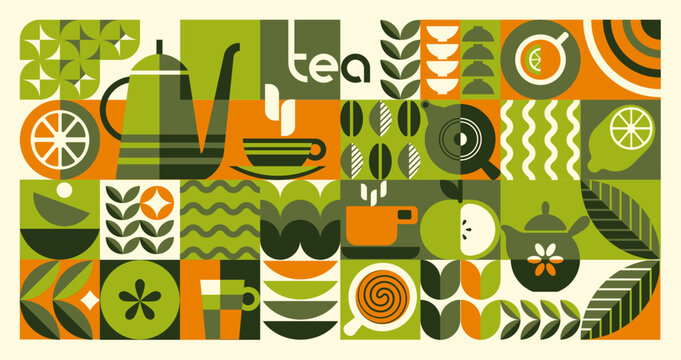Tea poster. Food cup pattern, plant leaf package design or geometry drink mosaic. Green eco decorative garden. Teapot, cups, citrus and leaves, decorative background design. Vector illustration