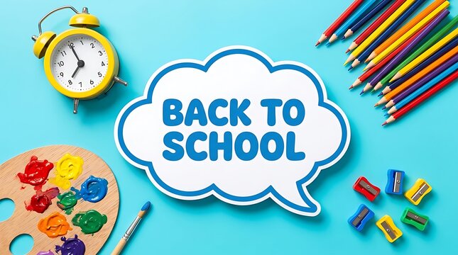 Back to school concept with colorful pencils alarm clock paint palette and stationery on a bright blue background