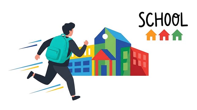 A young student with a backpack running towards a colorful school building illustration for education and learning concepts
