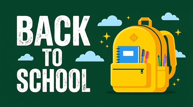 Back to school illustration with a yellow backpack and white chalk typography on a dark green chalkboard background