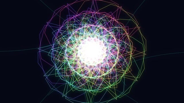 An intricate display of vibrant interconnected geometric lines and glowing points forming a mesmerizing symmetrical pattern against a dark background, creating a captivating visual effect that