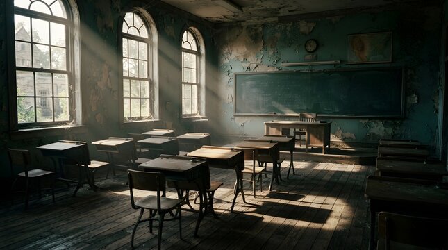 Abandoned classroom with peeling paint and dusty wooden desks in a derelict school building