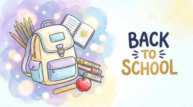 Watercolor illustration of a school backpack with stationery and an apple for the back to school season banner