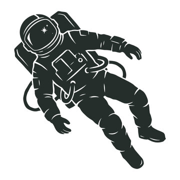 Single vector silhouette of an astronaut floating in zero gravity space.