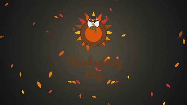 Animated thanksgiving day greeting card featuring cartoon turkey wearing pilgrim hat and falling leaf.