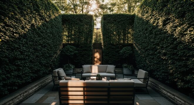 Elegant Outdoor Living Space With Lush Greenery Accented By Sunlight
