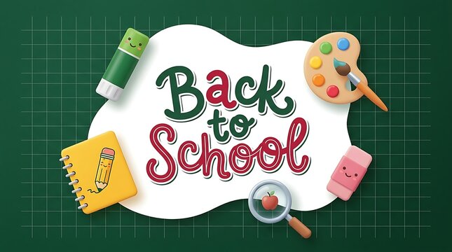 Back to school text written on a white paper background with various school supplies on a green chalkboard