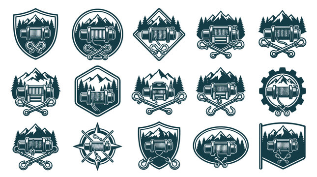 Set of 15 monochrome vector emblems featuring off-road car winches, crossed tow hooks, mountain peaks, and pine forest silhouettes inside shield, circle, and hexagon badge frames.