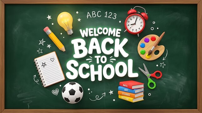 Welcome back to school chalkboard background with colorful educational supplies and hand drawn icons for students and teachers