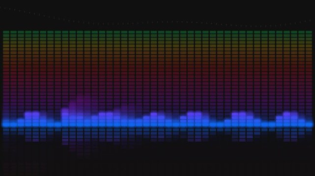 Digital equalizer graphic displays pulsing sound waves on a dark background with rainbow spectrum bars above.
