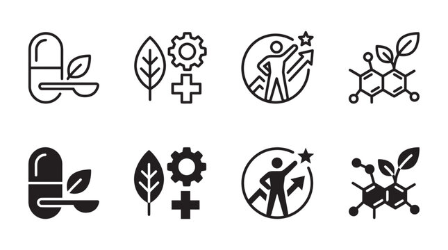 Healthcare and biotechnology icon set focusing on herbal medicine and personal progress with medicine, progress