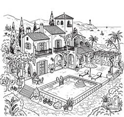 Fototapeta premium Mediterranean villa with pool hand drawn vector