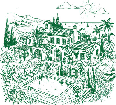 Mediterranean villa with pool hand drawn vector