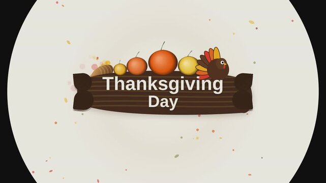 Thanksgiving day graphic motion with turkey, pumpkins, and falling confetti celebratory animated footage.