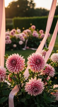 Elegant Pink Dahlia Wedding Archway With Flowing Ribbons In Garden