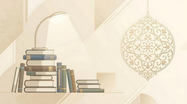 Stylized book stack with lamp and oriental pattern