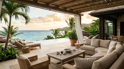 Fototapeta premium Luxury Tropical Villa Terrace with Infinity Pool and Ocean View at Sunset