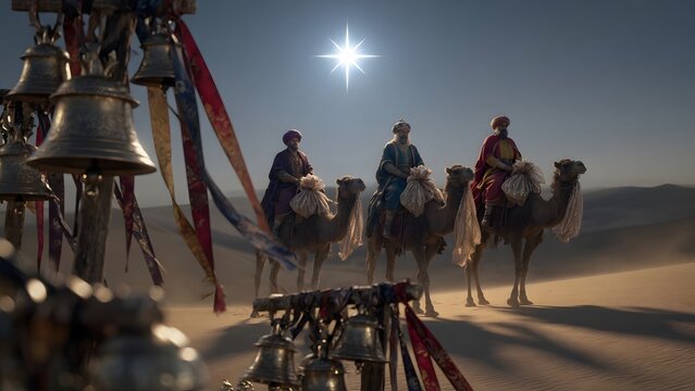 A cinematic close-up of the Three Kings on camels, their treasures wrapped in delicate fabrics, shadows stretching far across the dunes, illuminated by the brilliant star guiding them to Bethlehem, cr