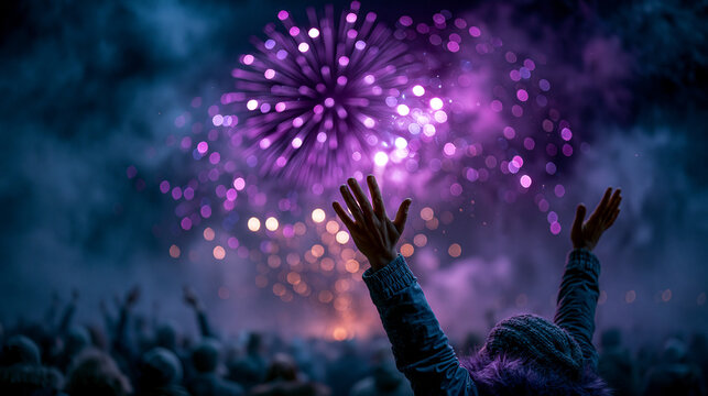 Crowd cheering and watching colorful fireworks display at night with fireworks