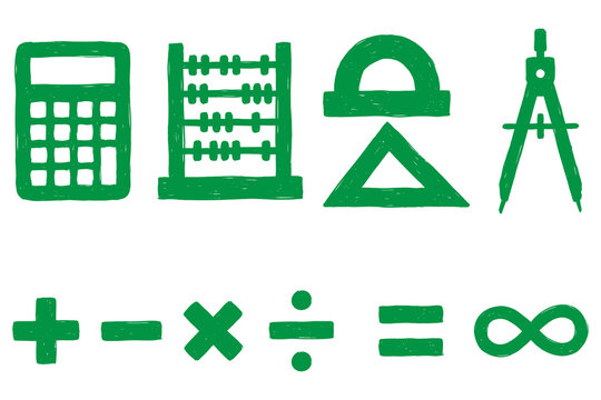 Green hand drawn mathematics geometry tools and operators clipart set isolated on transparent background