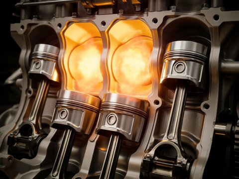 Glowing internal combustion engine cylinders. Automotive engineering concept.