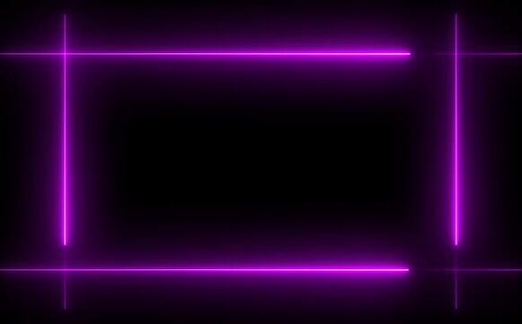 Neon line glowing square frame on black background. Glowing neon frame background animation square shape.