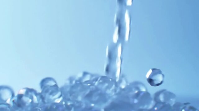 Refreshing Ice Cubes Falling and Accumulating on a Cool Blue Background.