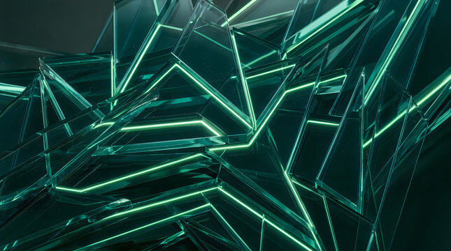 Abstract dark green geometric shapes with glowing light lines and sharp edges