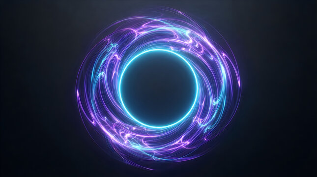 Glowing blue light circle with magical energy rings rotating in a dark space