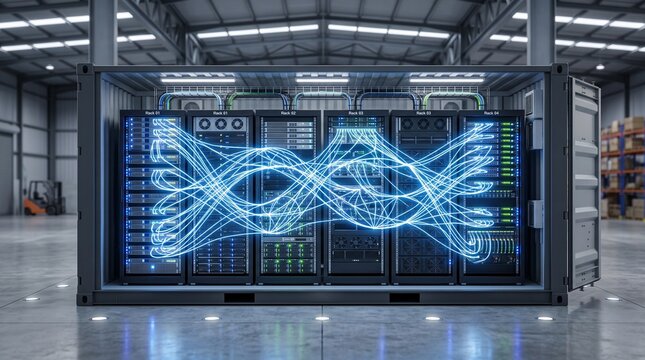Front View Modular Edge Data Center Container Showing Illuminated Server Racks, Network Mesh Visualization and Cloud Computing Technology