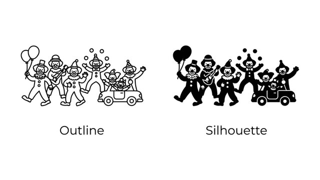 Clown Cavalcade: A cheerful procession of clowns, complete with balloons and a playful vehicle, captured in both outline and silhouette, ready to bring laughter and fun to any occasion.