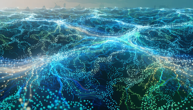 A futuristic panoramic composition featuring flowing neural pathways resembling rivers of electricity. Countless glowing nodes pulse with synchronized energy while branching streams race toward the ho