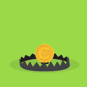 European Currency Risk Concept with Euro Coin Caught in Steel Bear Trap